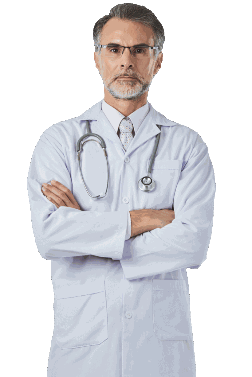 A doctor at SABR Medical Center, standing with arms folded and a stethoscope around their neck